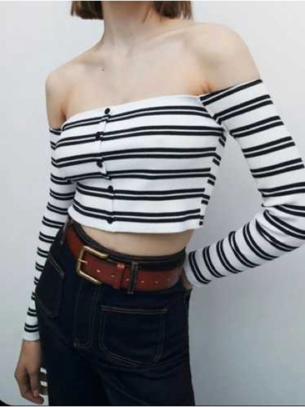 Zara NWT Cropped Striped Button Front Off Shoulder Long Sleeve Top Black White S
